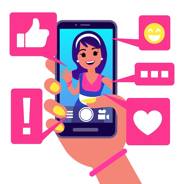 Social media app, girl makes selfie vector illustration. Active life in social networks concept