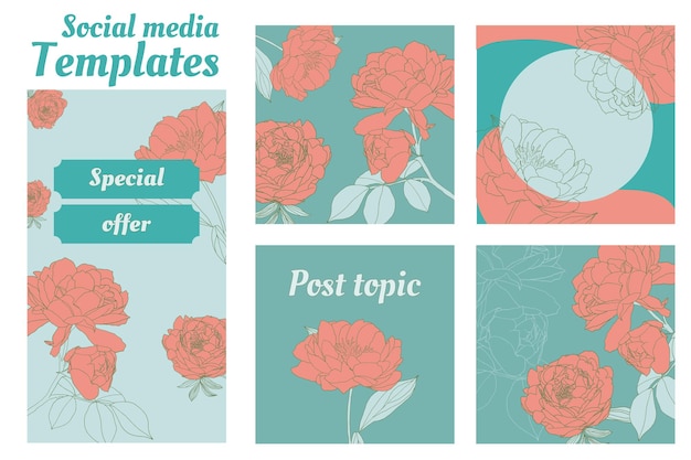 Social media background templates peony flowers hand-drawn