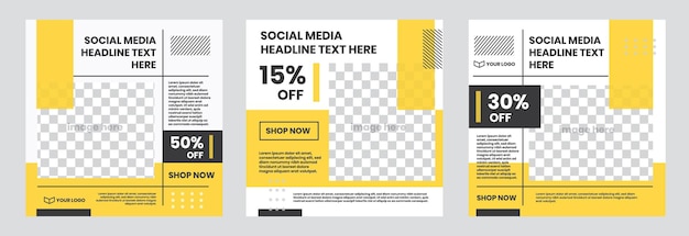 SOCIAL MEDIA BANNER TEMPLATE SET 15 30 AND 50 OFF YELLOW COLOR