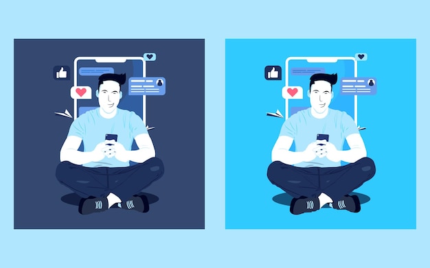 Social media browsing men flat character design