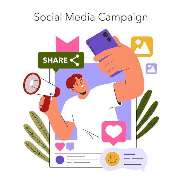 Vector social media campaign concept engaging content promotion with shareable posts likes and online