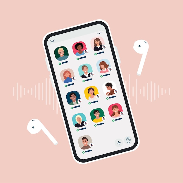 Social media clubhouse app for drop-in audio chat application on smartphone. The screen of the device with avatars of community members.  illustration in flat style