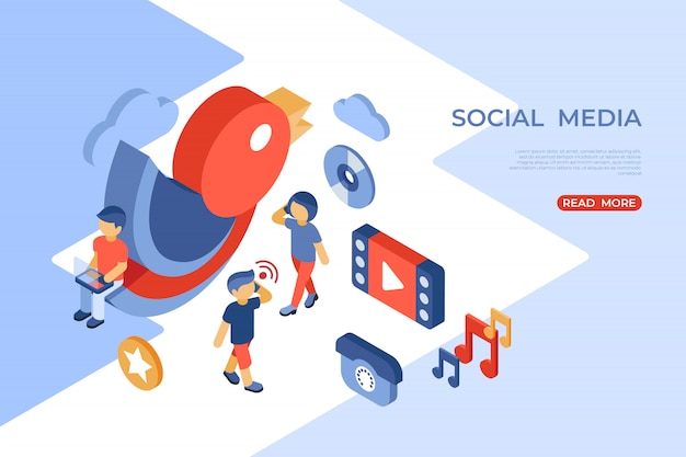 Social media and communication isometric landing page