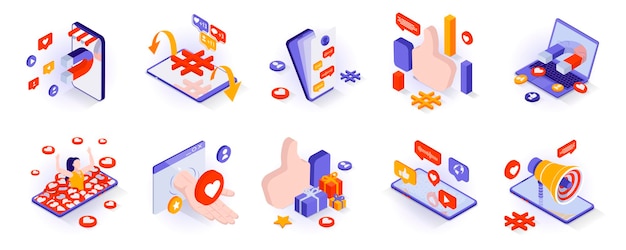 Social media concept isometric 3d icons set Online communication and chats attracting followers