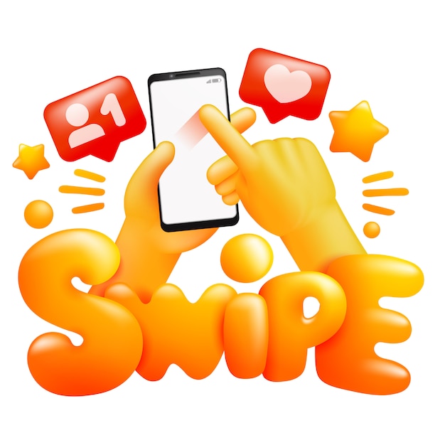 Social media concept. Smartphone in yellow emoji hands. Swipe gesture sign. 3d cartoon style