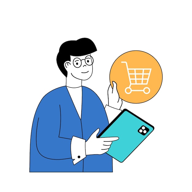 Social media concept with cartoon people in flat design for web Man following online store blog and ordering goods and shopping Vector illustration for social media banner marketing material