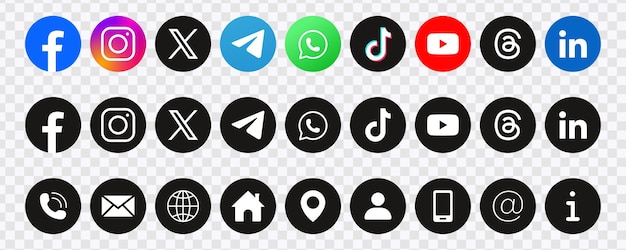 Social Media and Contact Us Icon Set Facebook Instagram YouTube WhatsApp TikTok