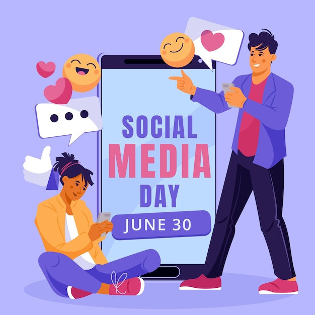 Social media day hand drawn flat illustration