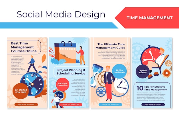 Social media design set with time management concept