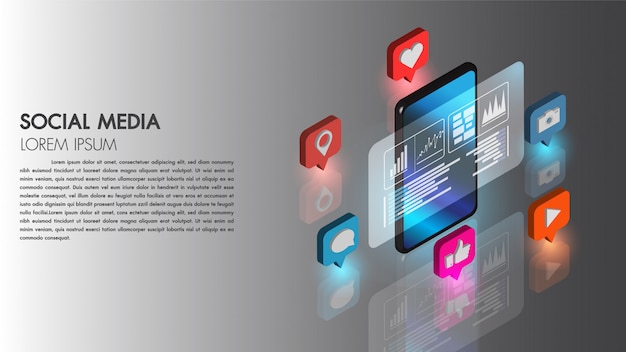 Vector social media flat 3d isometric concept vector icon with mobile phone technology connect