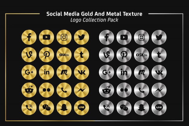 Social Media Gold And Metal Texture Logo Collection Pack