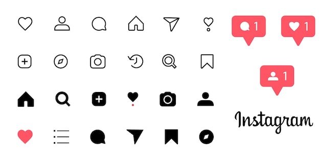 Social media icons inspired by Instagram likes comments follows search home profile camera stories