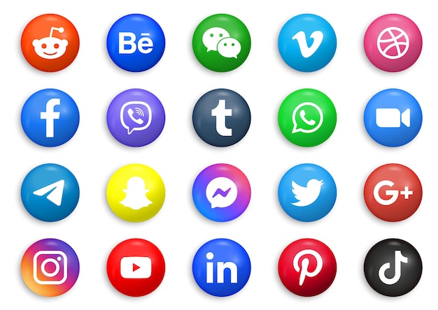 Social Media icons logos in 3d round circle or modern buttons