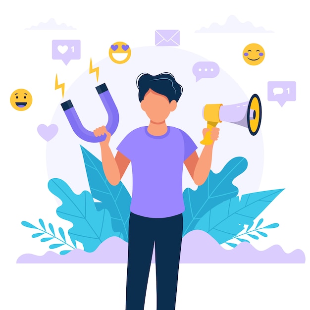 Social media influencer. Illustration with man holding megaphone and magnet. 