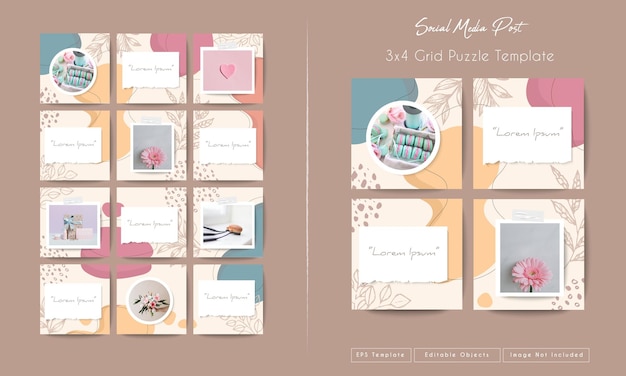 Social media instagram feed post template in grid puzzle style with organic shape background