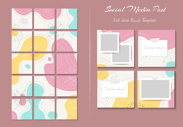 Social media instagram feed post template in grid puzzle style with organic shape background