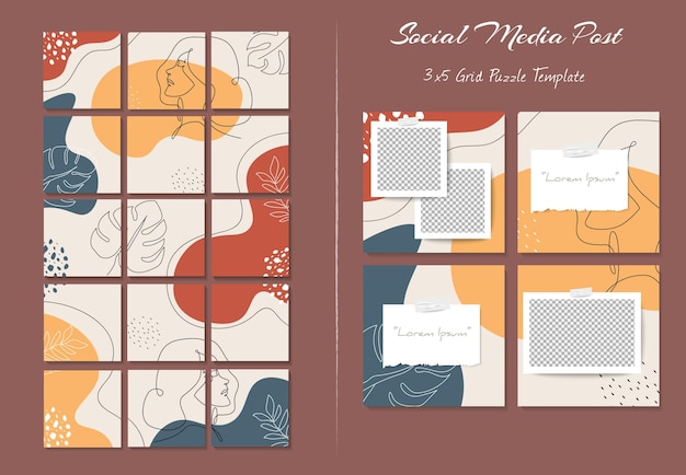 Social media instagram feed post template in grid puzzle style with organic shape background