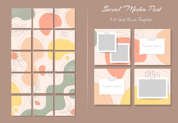 Social media instagram feed post template in grid puzzle style with organic shape background