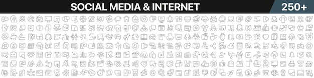 Social media and internet linear icons collection Big set of more 250 thin line icons in black Social media and internet black icons Vector illustration