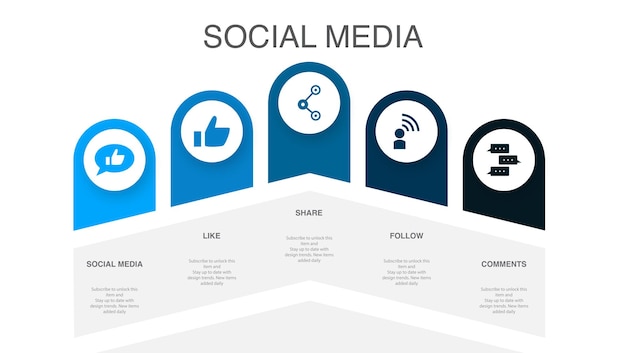 Social media like share follow comments icons Infographic design layout template Creative presentation concept with 5 steps