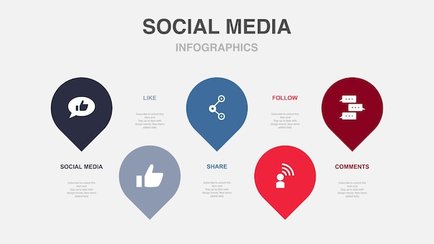 Social media like share follow comments icons Infographic design layout template Creative presentation concept with 5 steps