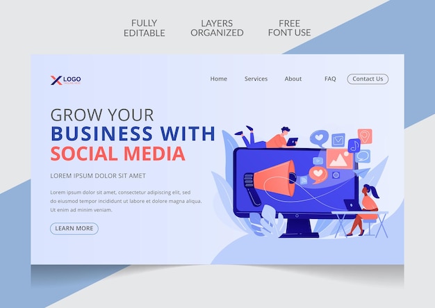 Vector social media marketing agency landing page design editable template