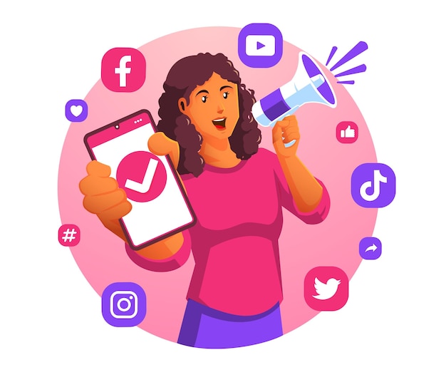 social media marketing concept with a woman holding a smartphone and a megaphone