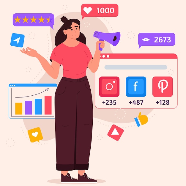 Social media marketing concept with woman with megaphone and icons of SMM