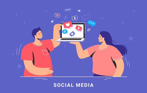 Social media marketing and increasing audience. Flat vector concept illustration of smiling woman and man standing with laptop and browsing networks for chatting and getting likes and hearts