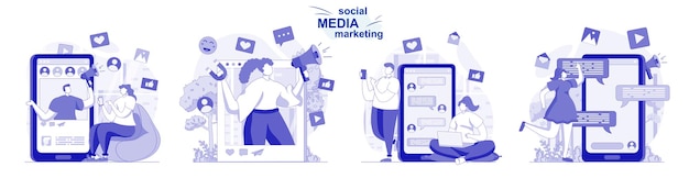 Social media marketing isolated set in flat design People develop promotion strategy