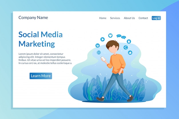 Social media marketing landing page template with young man a