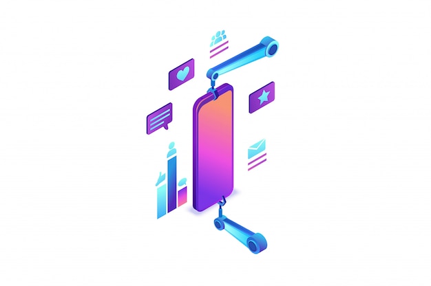 Social media marketing statisrics analysis, 3d isometric illustration