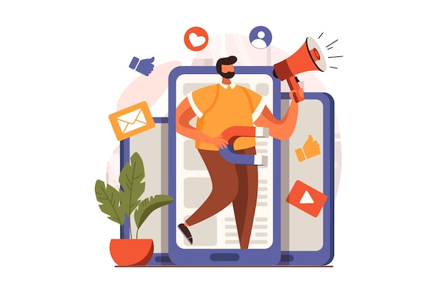 Social media marketing web concept in flat design Man with megaphone makes ad campaign using smartphone app and digital content Advertising and promotion Vector illustration with people scene