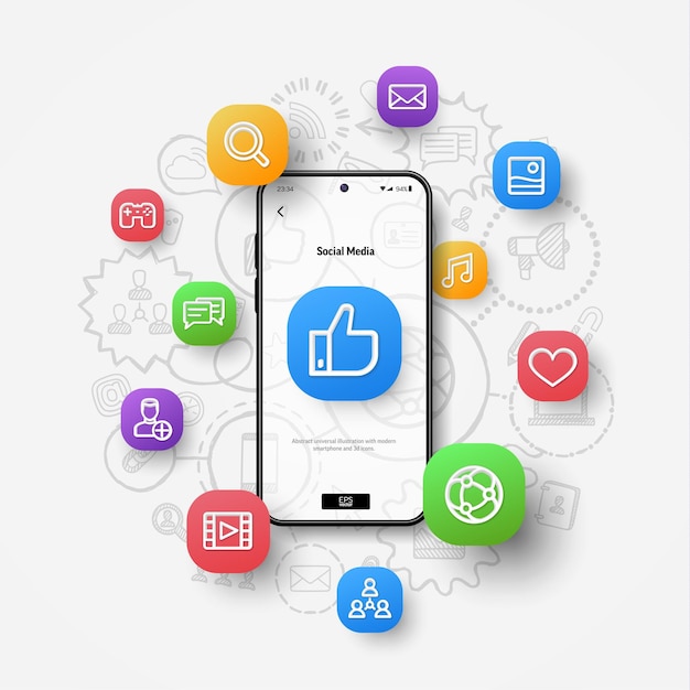 Social media network concept 3d icons flying over smartphone on hand drawn sketch design background