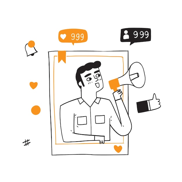 Social Media Networking Concept. Man with Megaphone at Smartphone Screen, Broadcasting, Streaming Video Post, Blogger Character. Cartoon hand drawn Vector Illustration