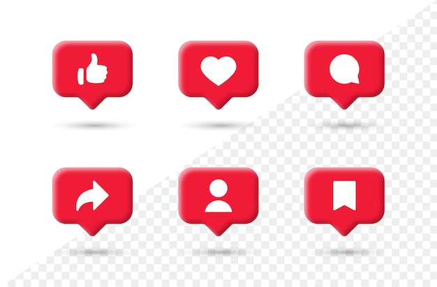 Vector social media notification icons in 3d speech bubbles like love comment share follower save