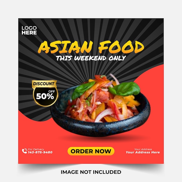 Social Media Post Asian Food Black Poster Promotion Discount Menu Restaurant Flyer Sunbrust Digital