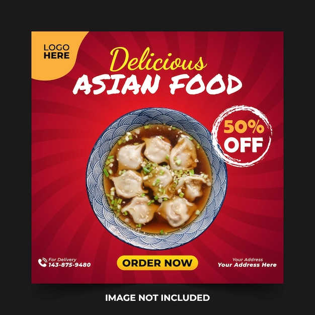 Social Media Post Asian Food Red Poster Promotion Discount Menu Restaurant Red Sunbrust Flyer Ads