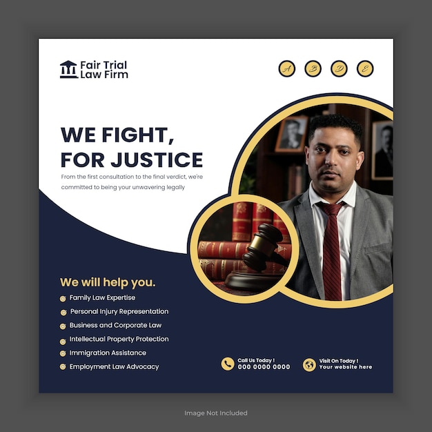 Vector social media post for law firm and law consultation square flyer or web banner template design