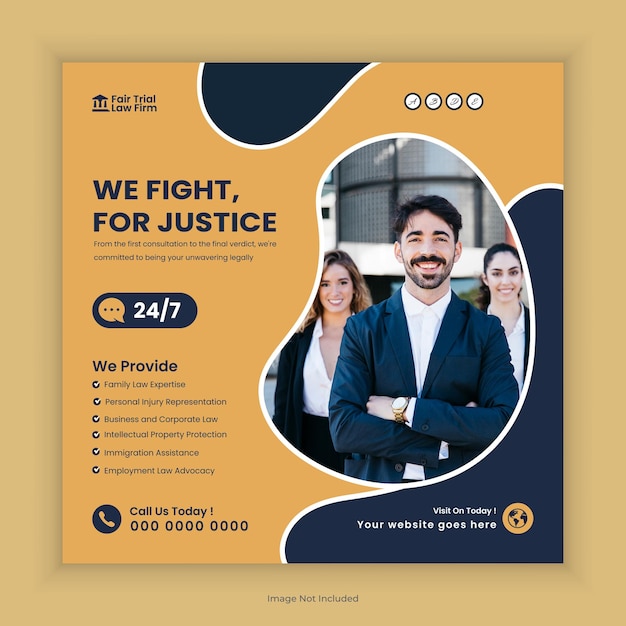 Social media post for law firm and law consulting square flyer or web banner template design