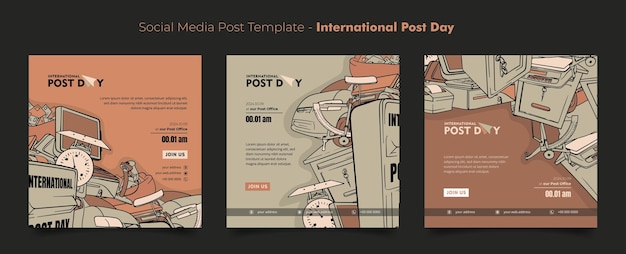 Social media post template for international post day with postal doodle art background design