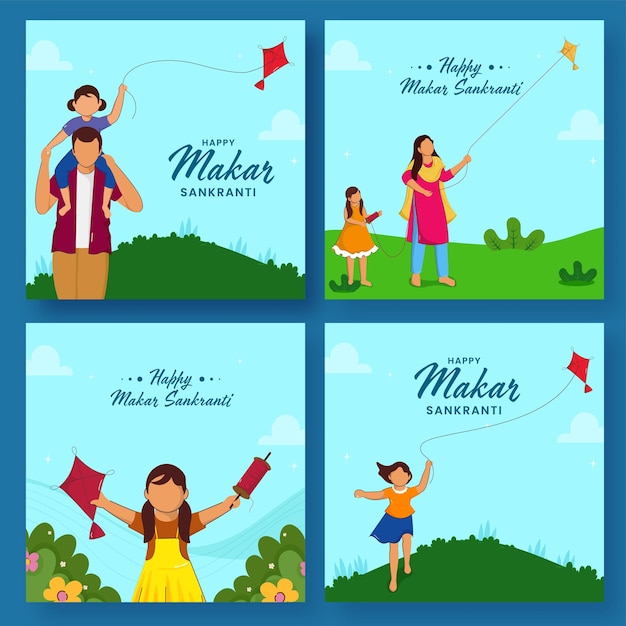 Social Media Post Or Template Set With Faceless Indian People Flying Kites On The Occasion Of Happy Makar Sankranti