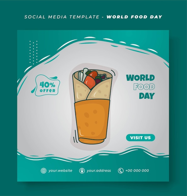 Social media post template in square background with cartoon of kebab food for world food day design