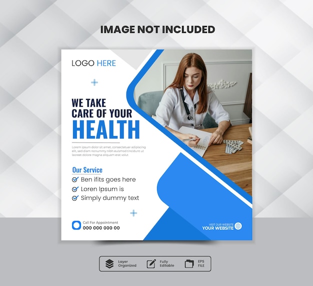 Social media post template for a square flyer or banner about healthcare with a doctor theme