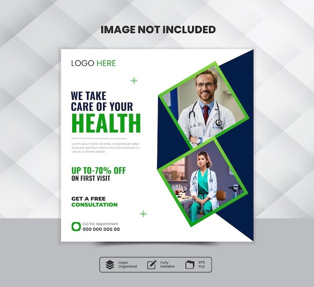 A social media post template for a square flyer or poster promoting healthcare featuring a doctor