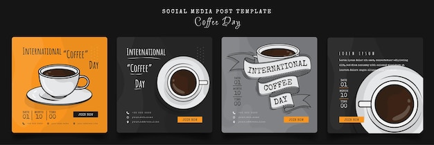 Social media post template with cartoon coffee and lettering design for coffee day campaign design