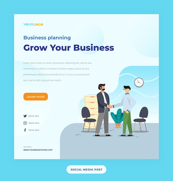 Social Media Post Template with flat Character illustration Growing Business