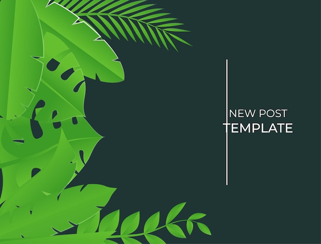 Social media post template with floral and leaves elements. Fresh green yellow summer background with palm, leaves, monstera. Vector illustration for invitation, postcard, fashion sale