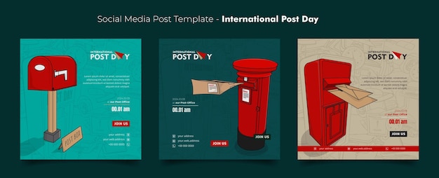 Vector social media post template with post box and transparent doodle art background for world post day