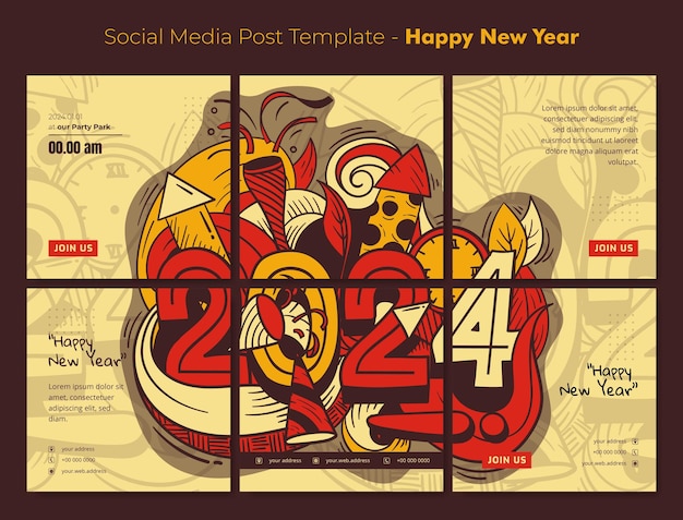 Social media post template with typography number of 2024 and doodle art for new year party design